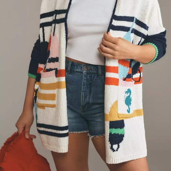 Anthropologie Maeve Nautical Buoy Cardigan Sweater Whale Seahorse 3X NWT Plus - Picture 8 of 10